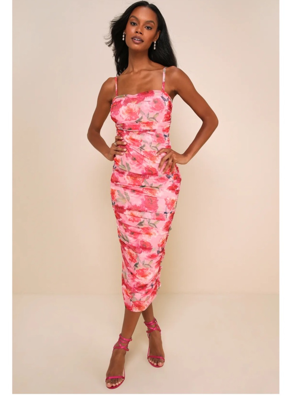Lulu's Pink Floral Midi Dress